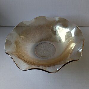 Vintage Jeannette Glass 11" Louisa Floragold Iridescent Ruffled Bowl Carnival